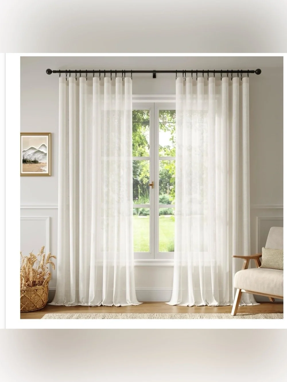 Natural Linen Light-Filtering Semi-Sheer Curtains with Rings & Clips 90” IVORY